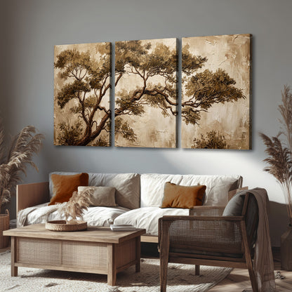 Sepia tree textured painting 3 piece canvas wall art in a rustic living room