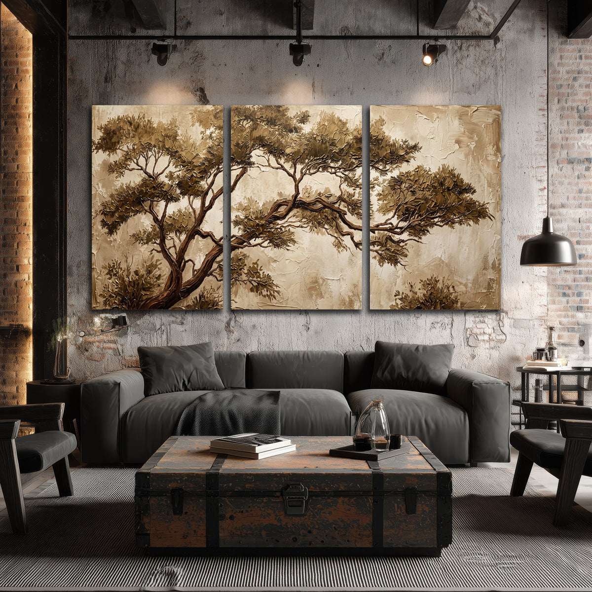 Sepia tree textured painting 3 piece canvas wall art in an industrial loft