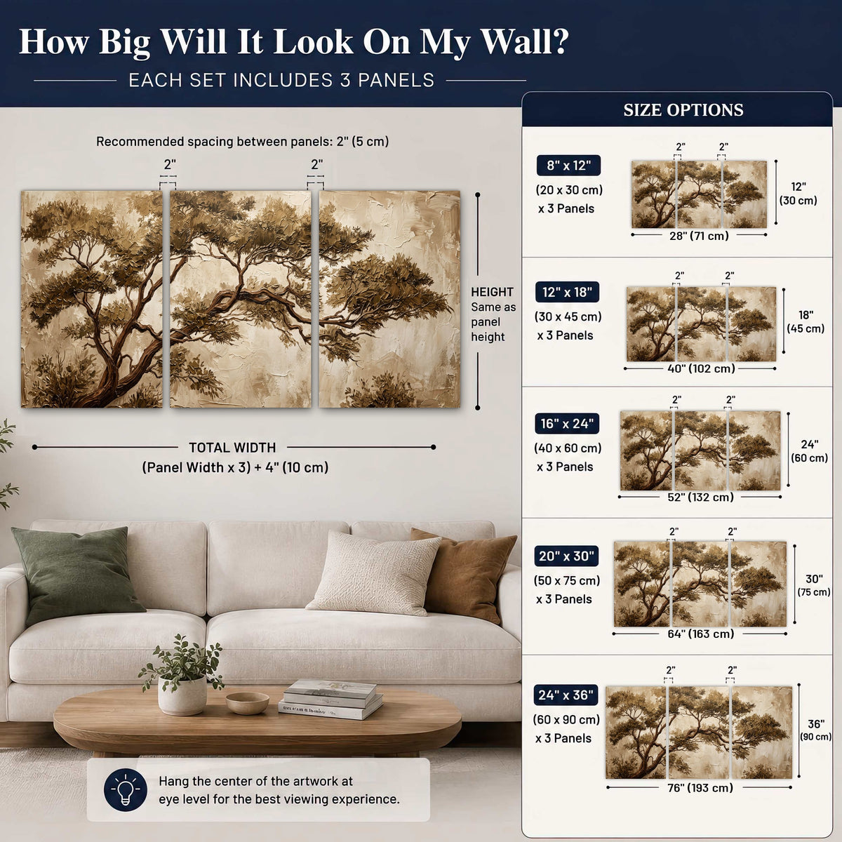 Sepia tree textured painting 3 piece canvas wall art size guide above a sofa