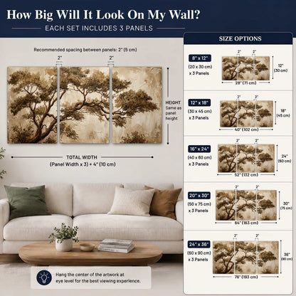 Sepia tree textured painting 3 piece canvas wall art size guide above a sofa