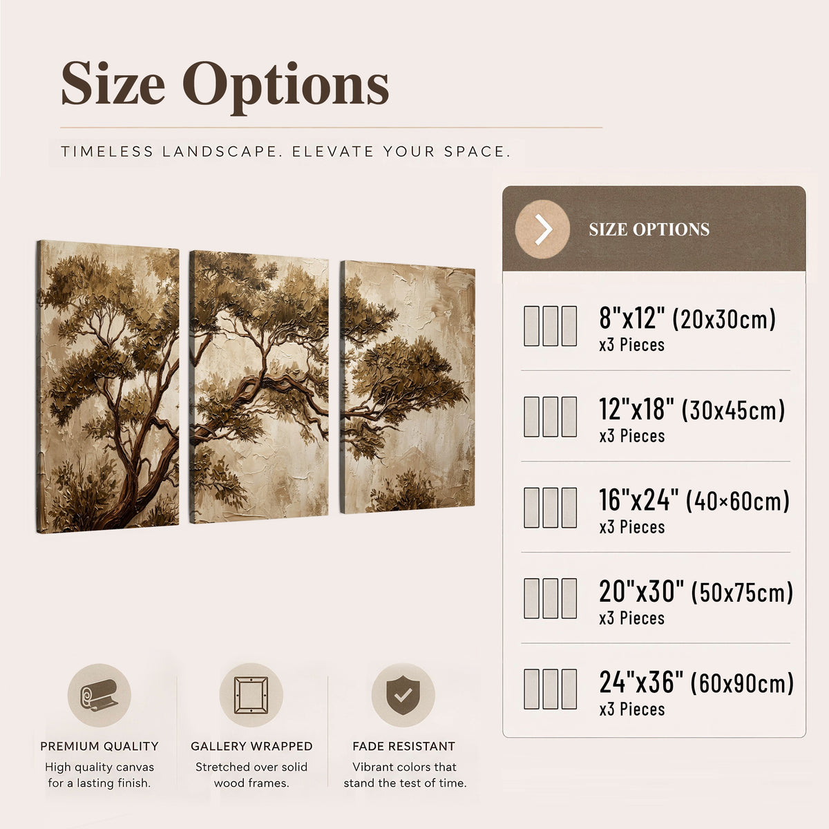 Sepia tree textured painting 3 piece canvas wall art size options