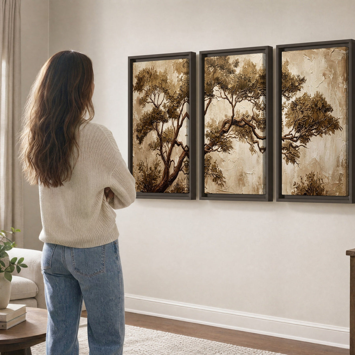 Sepia tree textured painting 3 piece framed canvas in a living room
