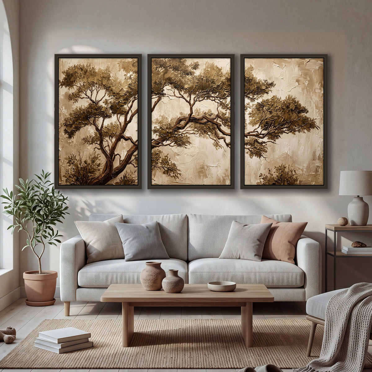 Sepia tree textured painting 3 piece framed canvas in a bright living room