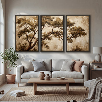 Sepia tree textured painting 3 piece framed canvas in a bright living room