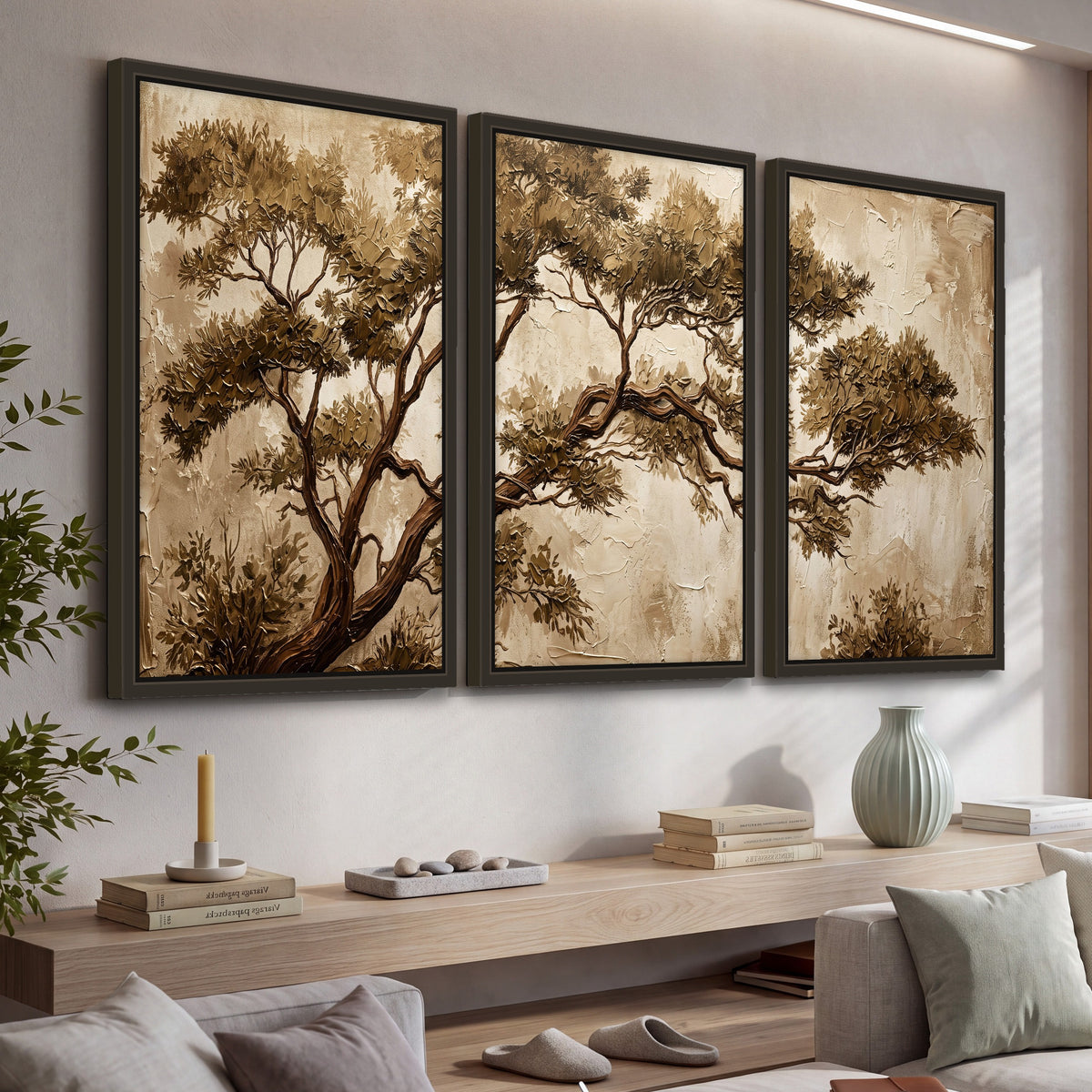 Sepia tree textured painting 3 piece framed canvas in a living room above a console