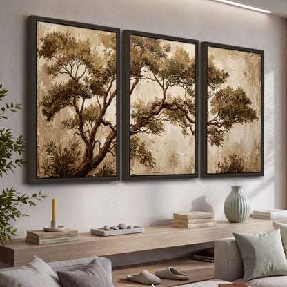 Sepia tree textured painting 3 piece framed canvas in a living room above a console