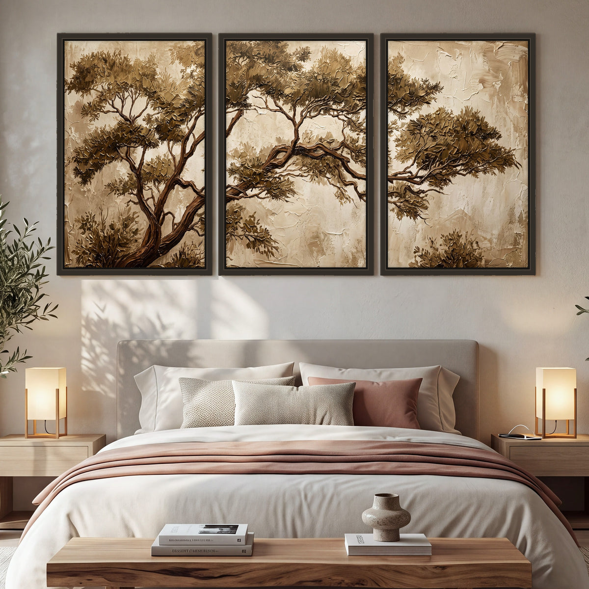 Sepia tree textured painting 3 piece framed canvas in a bedroom above the bed