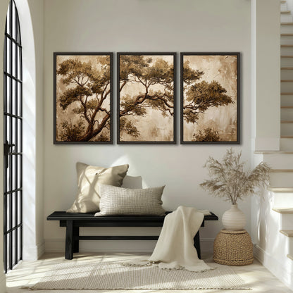 Sepia tree textured painting 3 piece framed canvas in an entryway above a bench