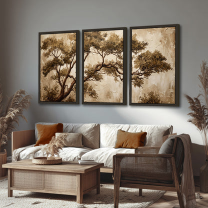 Sepia tree textured painting 3 piece framed canvas in a rustic living room
