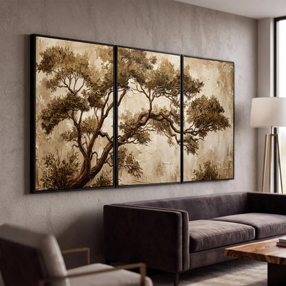 Sepia tree textured painting 3 piece framed canvas in a modern living room