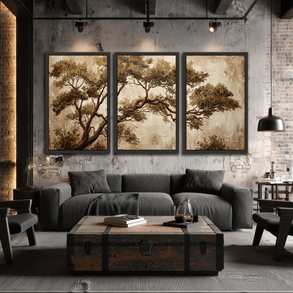 Sepia tree textured painting 3 piece framed canvas in an industrial loft