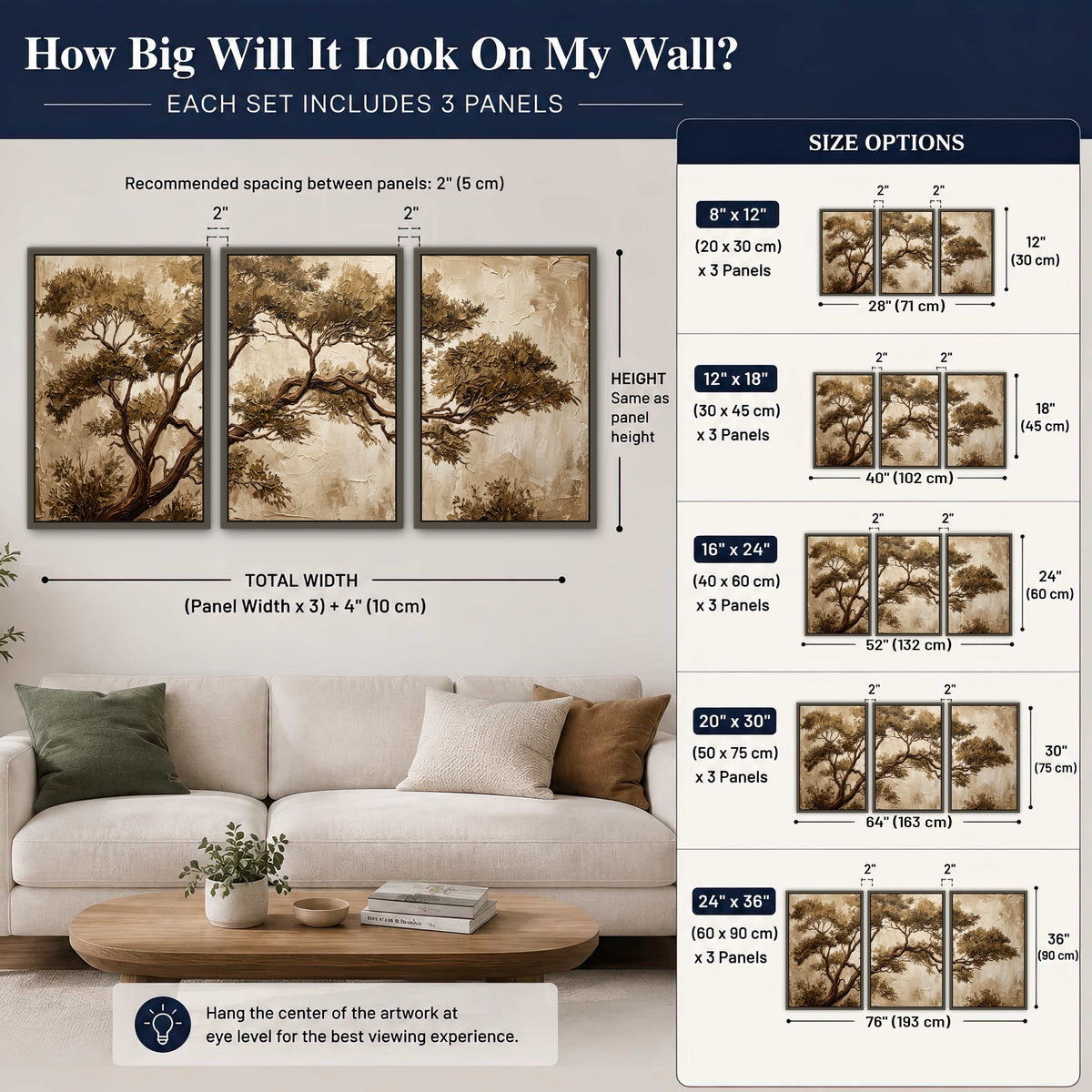 Sepia tree textured painting 3 piece framed canvas size guide above a sofa