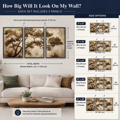 Sepia tree textured painting 3 piece framed canvas size guide above a sofa