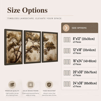Sepia tree textured painting 3 piece framed canvas size options