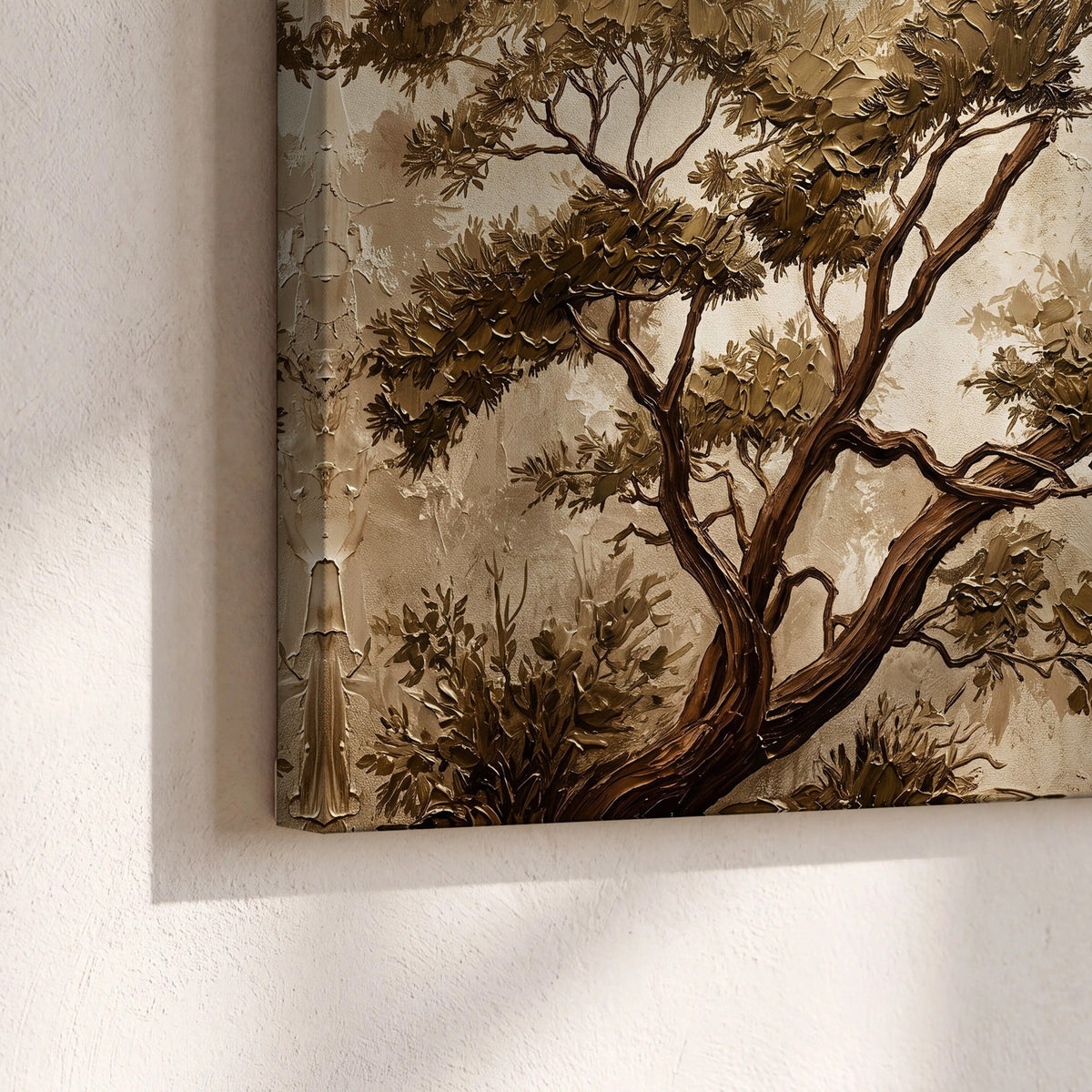 Sepia tree textured painting canvas print close-up showing the gallery-wrapped edge