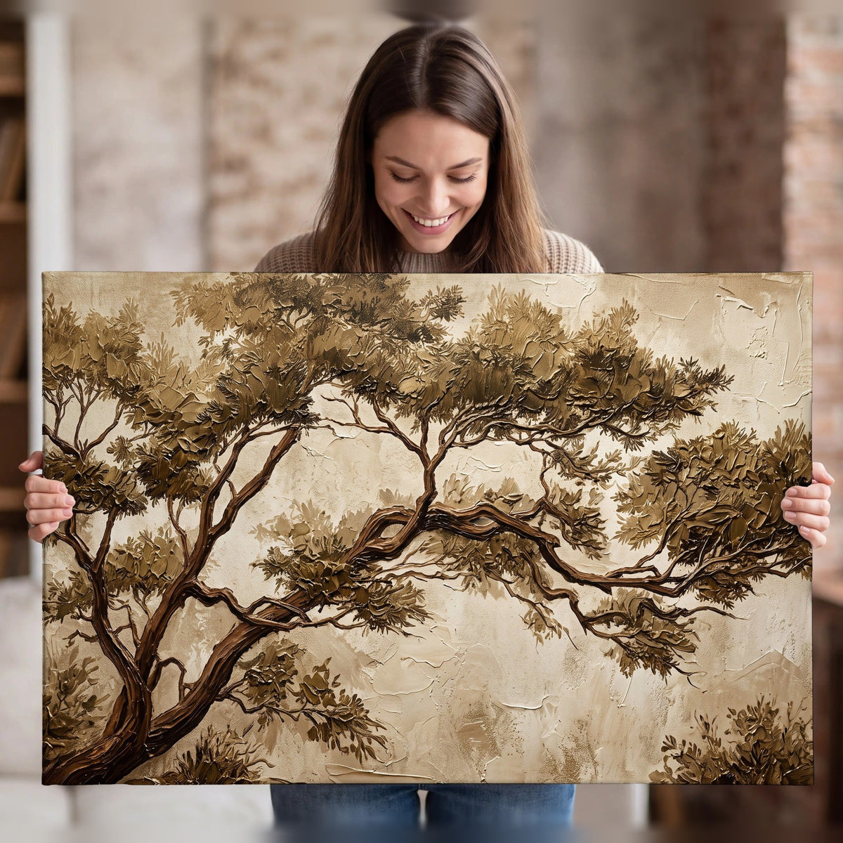 Sepia tree textured painting canvas wall art held in hands
