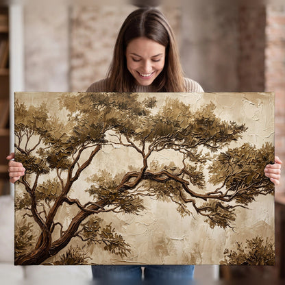 Sepia tree textured painting canvas wall art held in hands