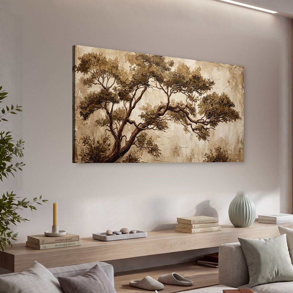 Sepia tree textured painting canvas wall art in a living room above a console