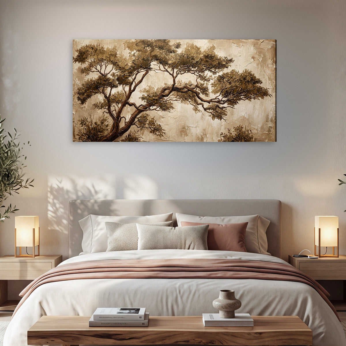 Sepia tree textured painting canvas wall art in a bedroom above the bed