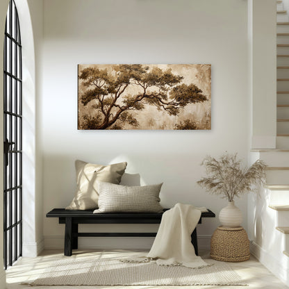 Sepia tree textured painting canvas wall art in an entryway above a bench