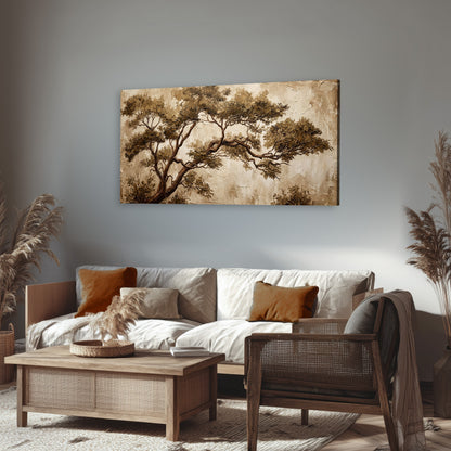 Sepia tree textured painting canvas wall art in a rustic living room