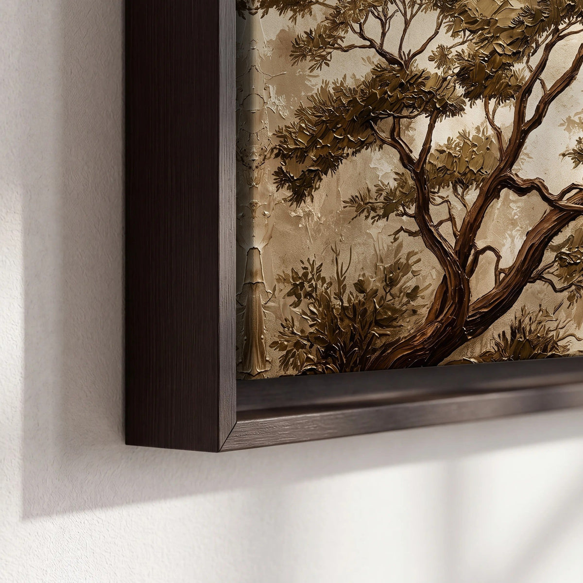 Sepia tree textured painting framed canvas close-up showing the floating frame