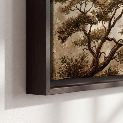 Sepia tree textured painting framed canvas close-up showing the floating frame