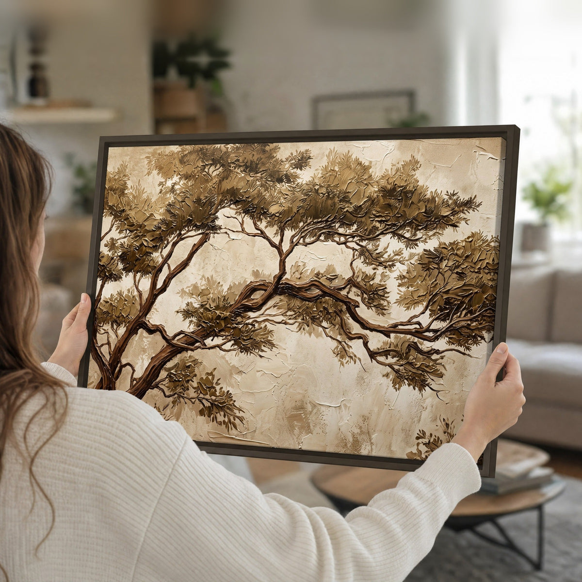 Sepia tree textured painting framed canvas held in hands