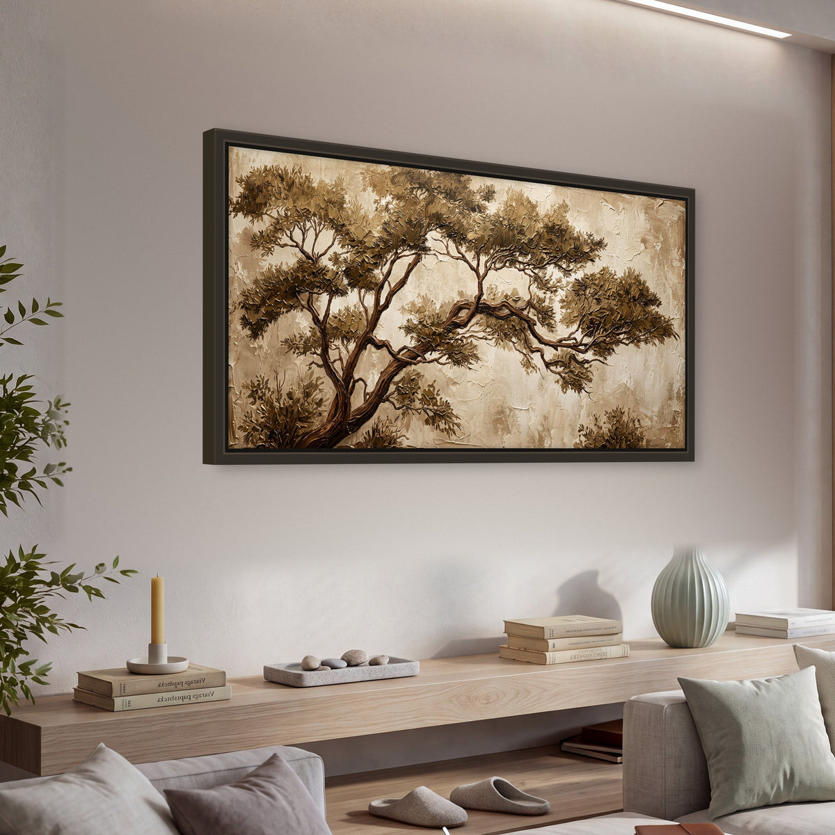 Sepia tree textured painting framed canvas wall art in a living room above a console