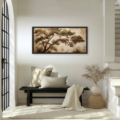 Sepia tree textured painting framed canvas wall art in an entryway above a bench