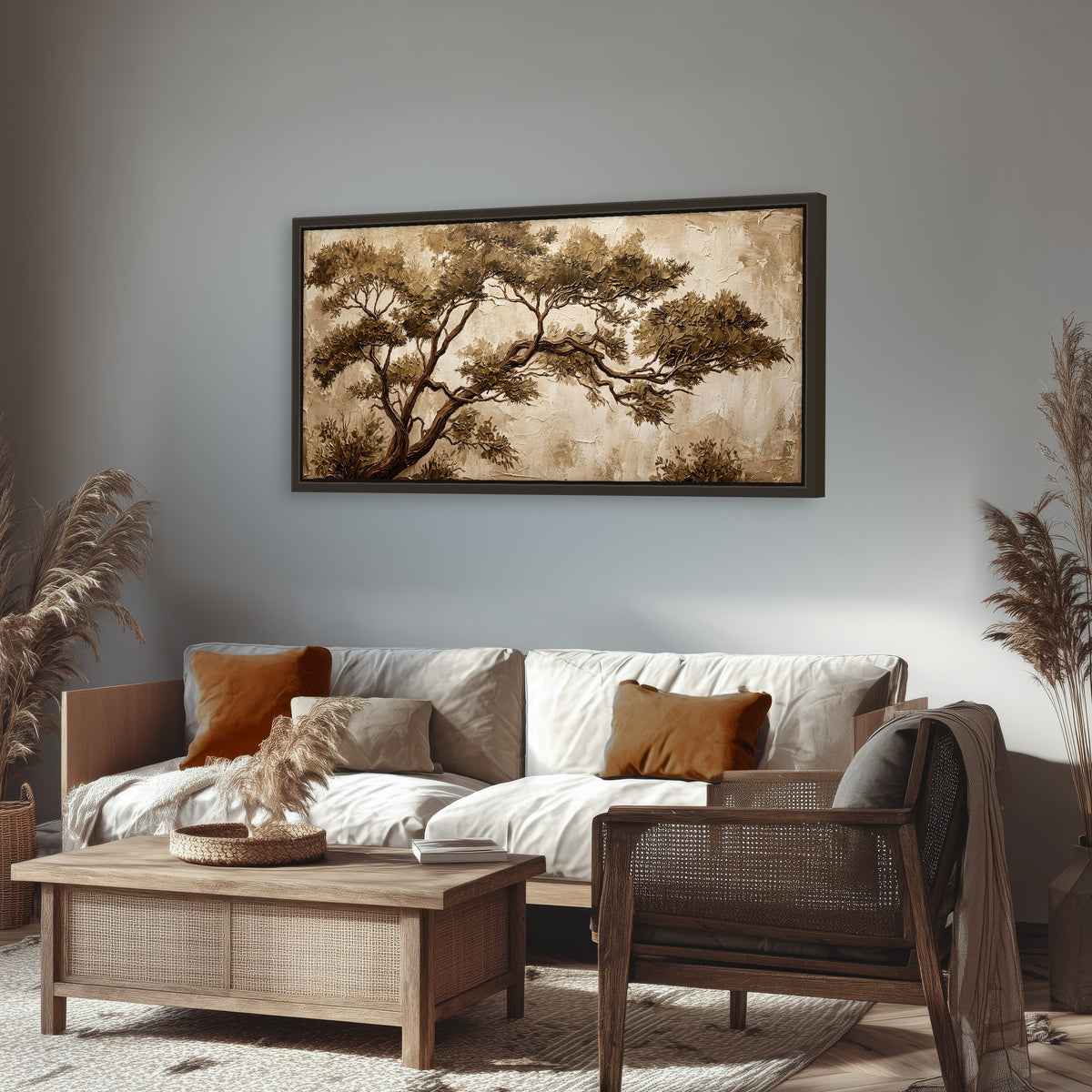 Sepia tree textured painting framed canvas wall art in a rustic living room
