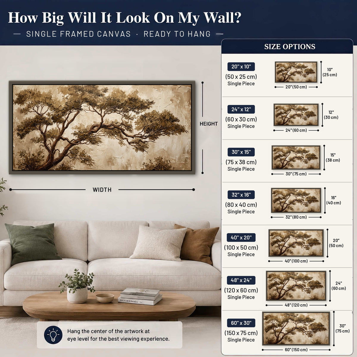Sepia tree textured painting framed canvas wall art size guide above a sofa