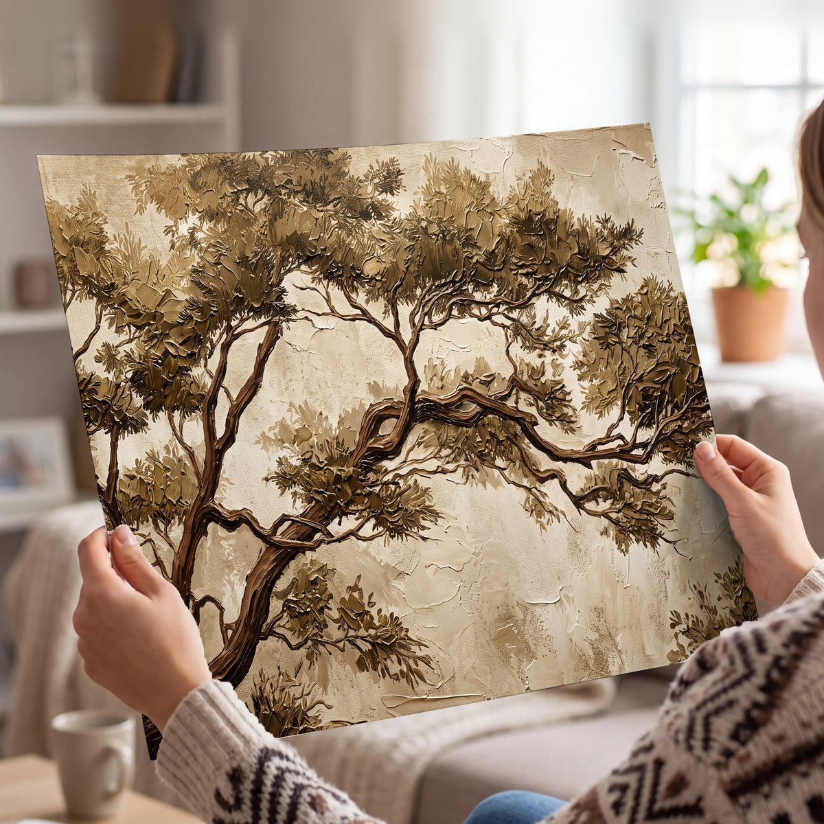 Sepia tree textured painting poster print held in hands