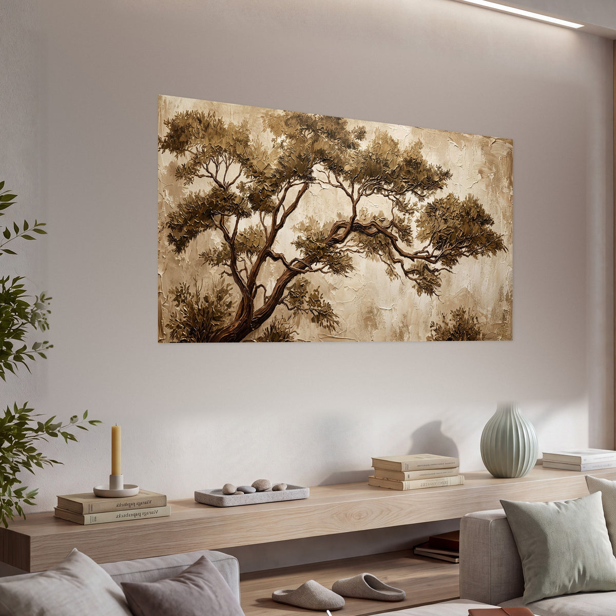 Sepia tree textured painting poster print in a living room above a console