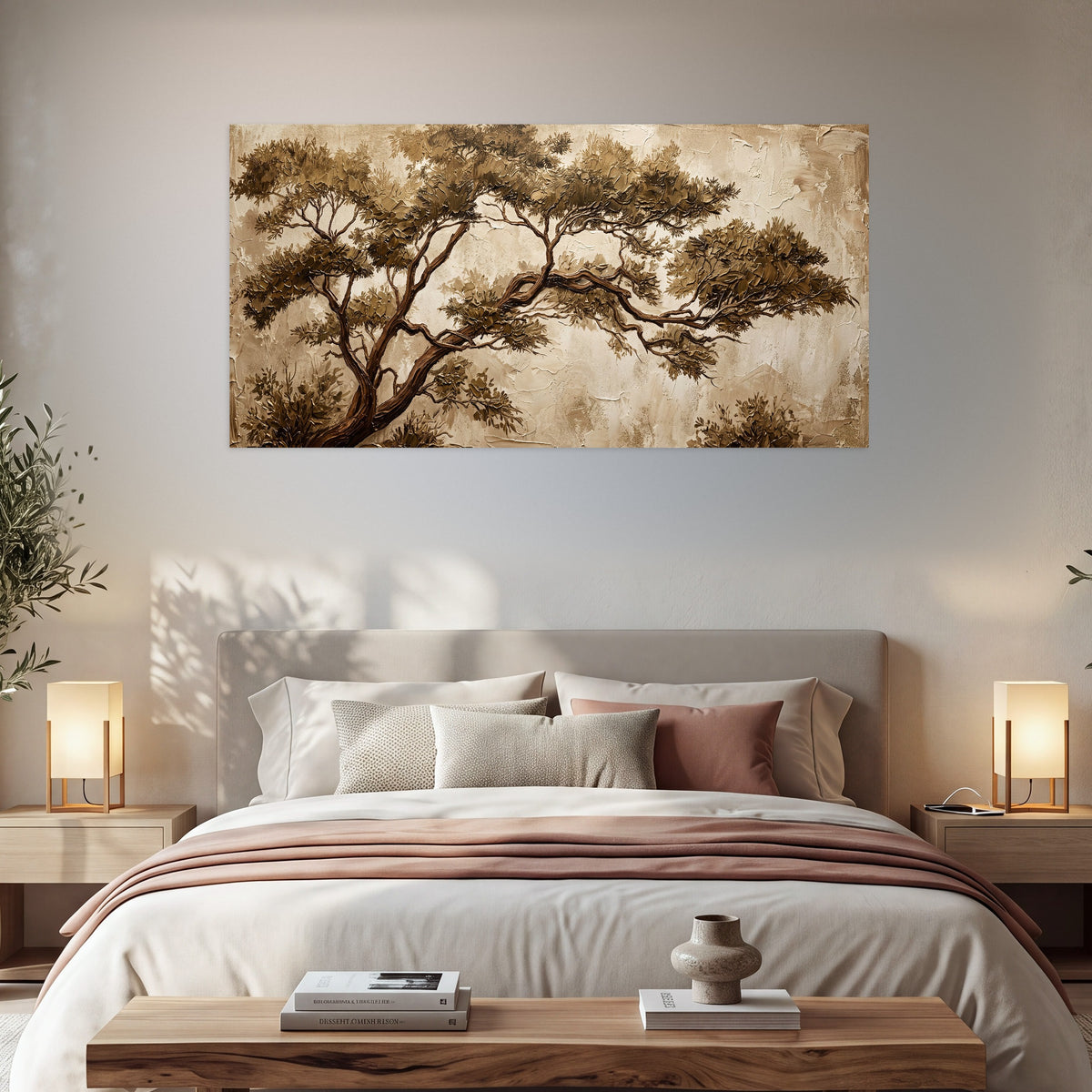 Sepia tree textured painting poster print in a bedroom above the bed