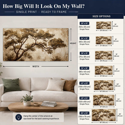 Sepia tree textured painting poster print size guide above a sofa