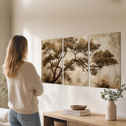 Sepia tree textured painting set of 3 poster prints in a living room