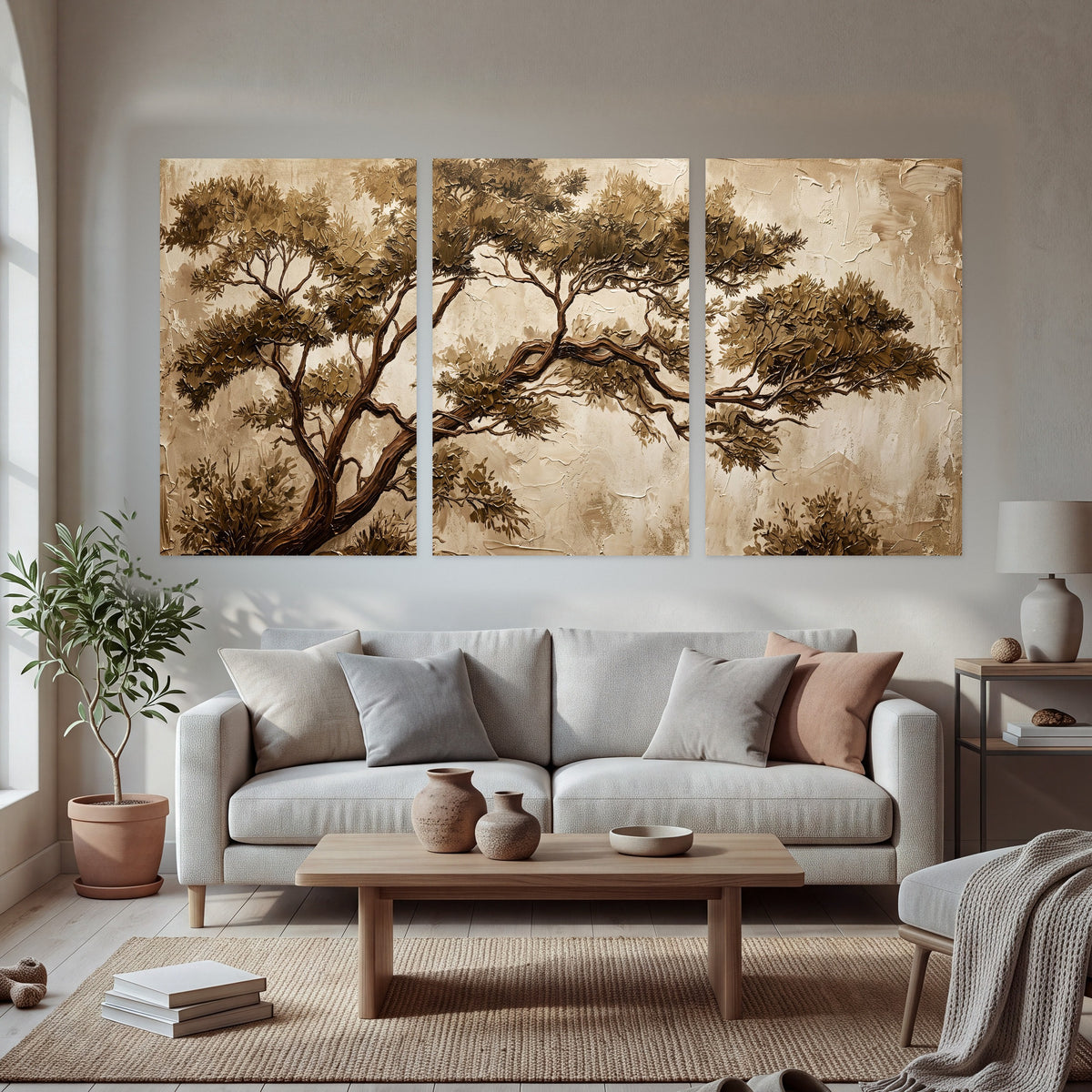 Sepia tree textured painting set of 3 poster prints in a bright living room