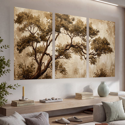 Sepia tree textured painting set of 3 poster prints in a living room above a console