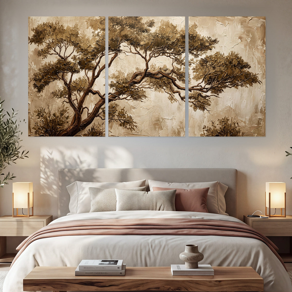 Sepia tree textured painting set of 3 poster prints in a bedroom above the bed