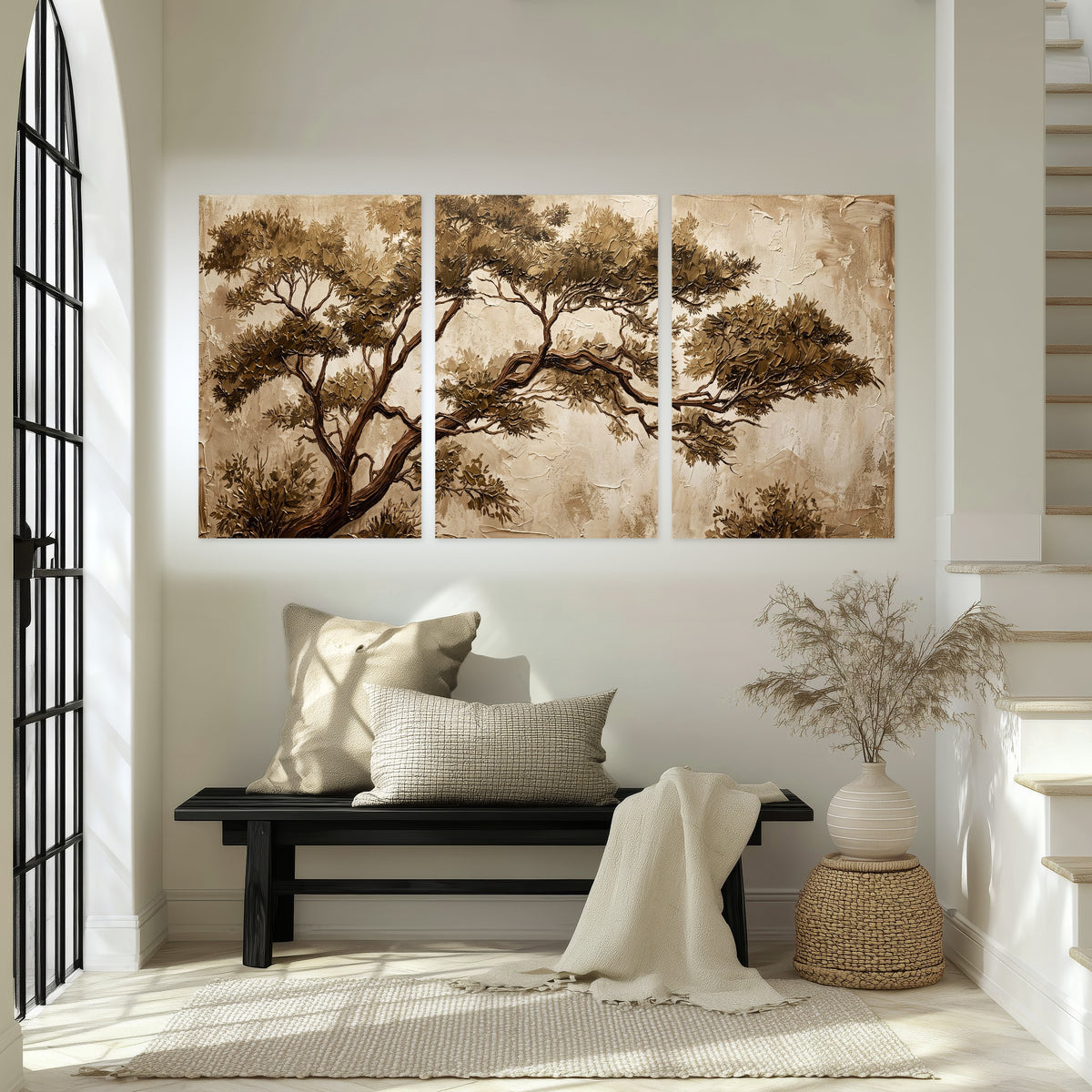 Sepia tree textured painting set of 3 poster prints in an entryway above a bench