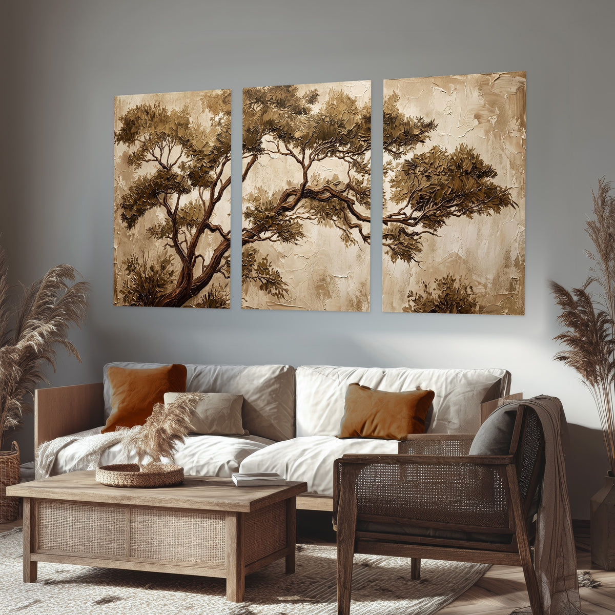 Sepia tree textured painting set of 3 poster prints in a rustic living room