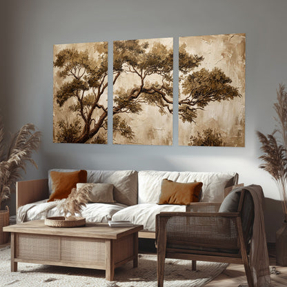 Sepia tree textured painting set of 3 poster prints in a rustic living room