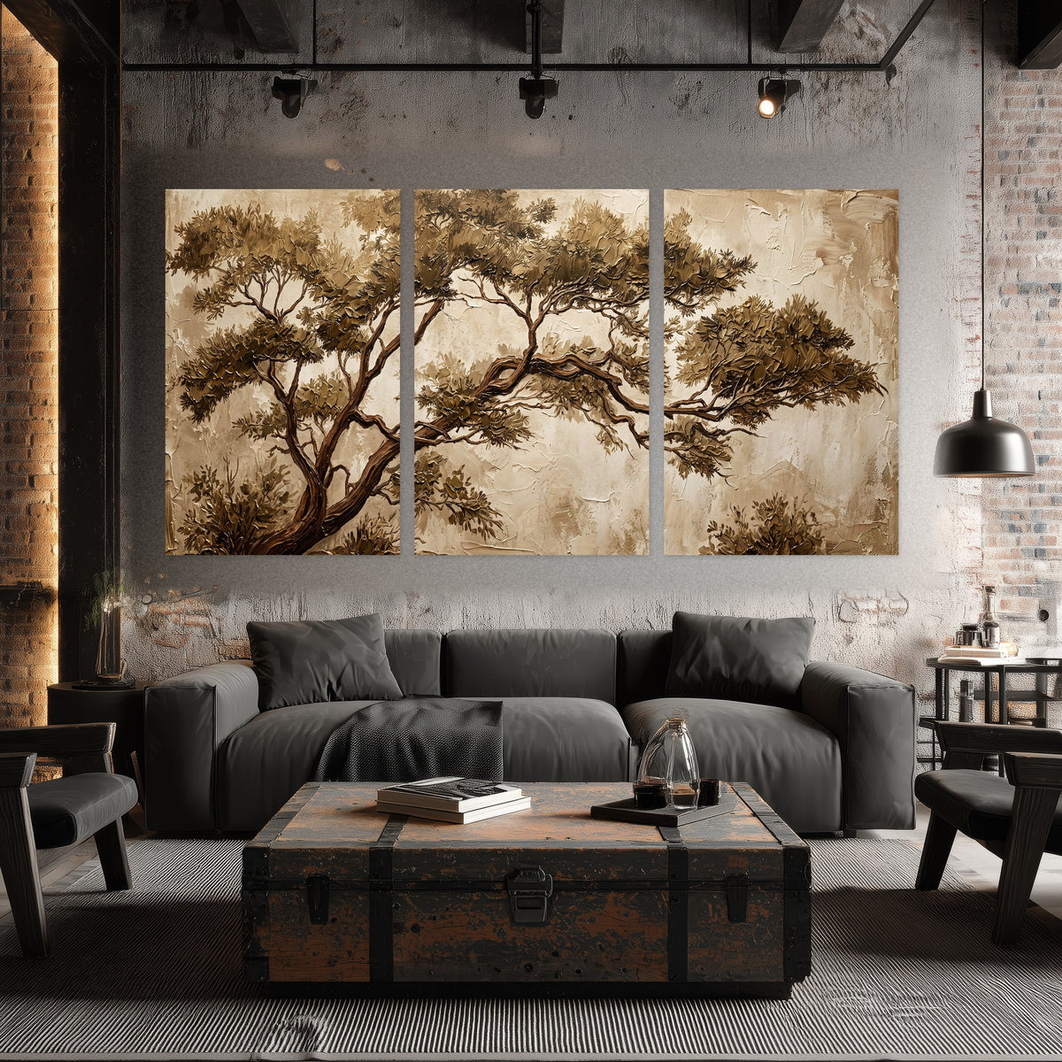 Sepia tree textured painting set of 3 poster prints in an industrial loft