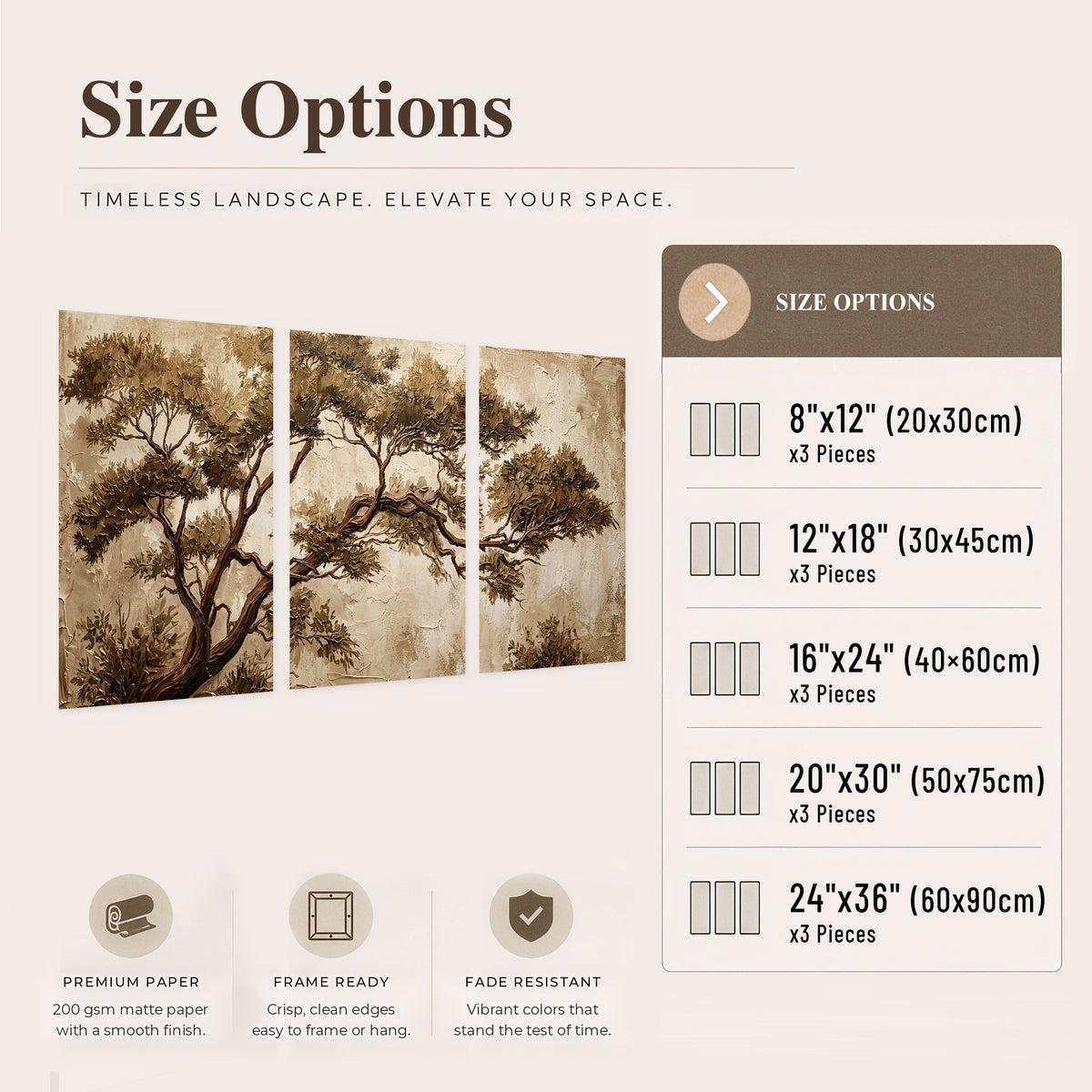 Sepia tree textured painting set of 3 poster prints size options