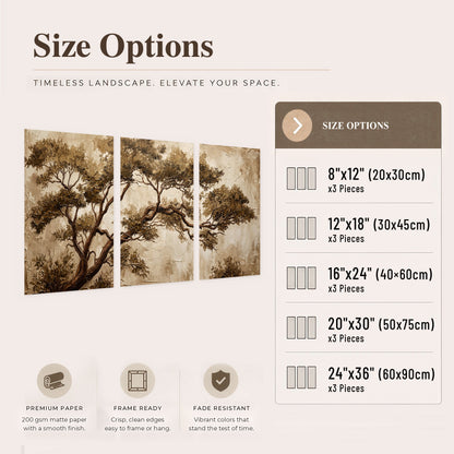 Sepia tree textured painting set of 3 poster prints size options