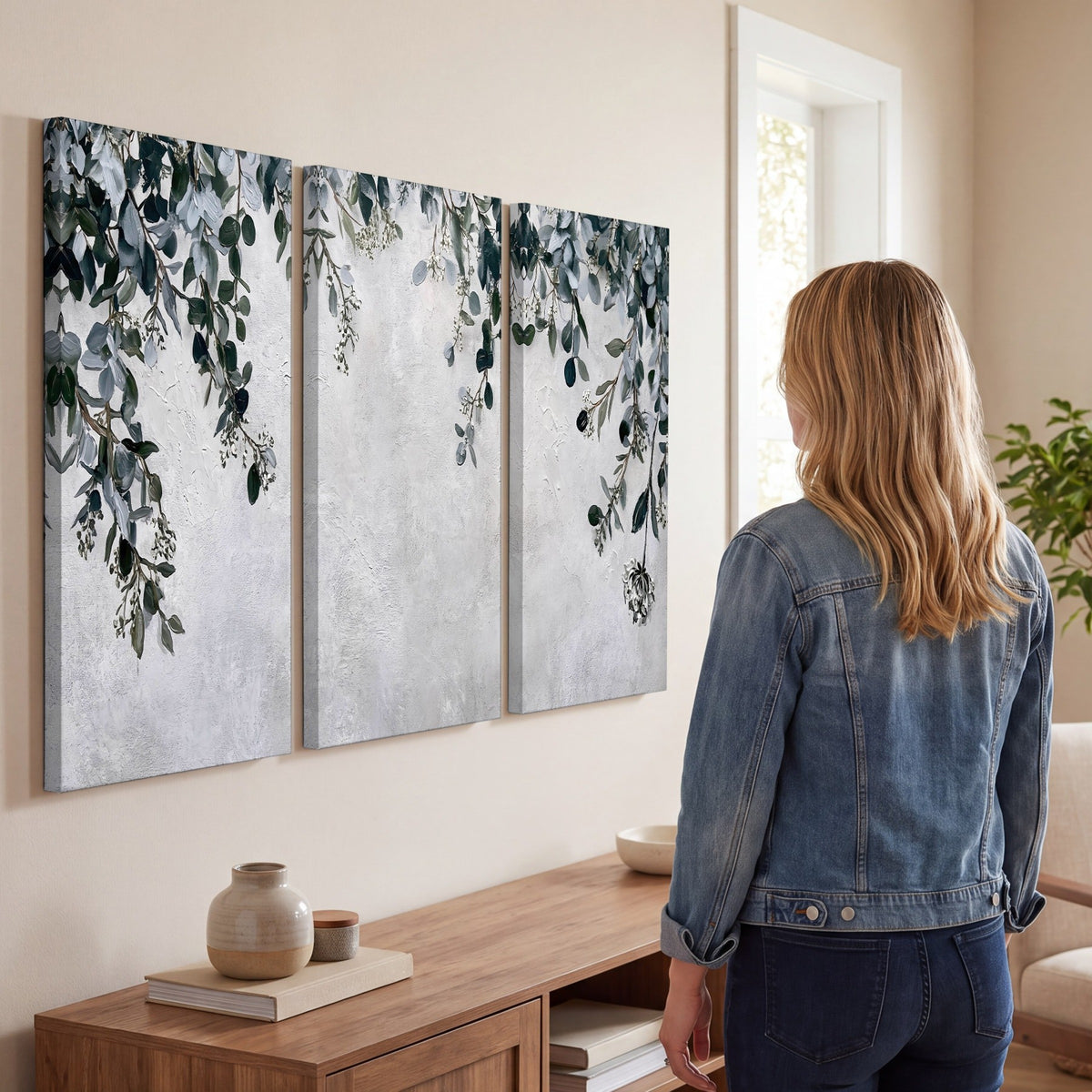 Eucalyptus leaves painting 3 piece canvas wall art in a living room