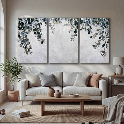 Eucalyptus leaves painting 3 piece canvas wall art in a bright living room
