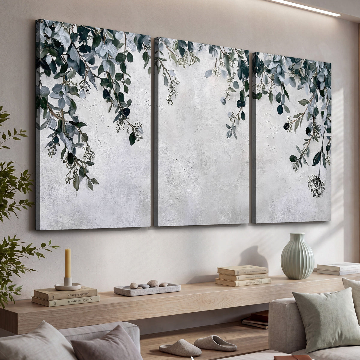 Eucalyptus leaves painting 3 piece canvas wall art in a living room above a console
