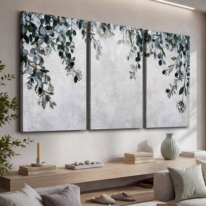 Eucalyptus leaves painting 3 piece canvas wall art in a living room above a console